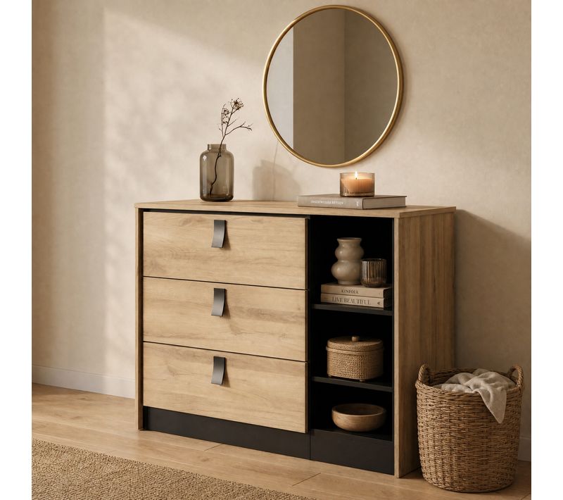 Commode 3 tiroirs 2 niches KIERAN imitation chêne et noir