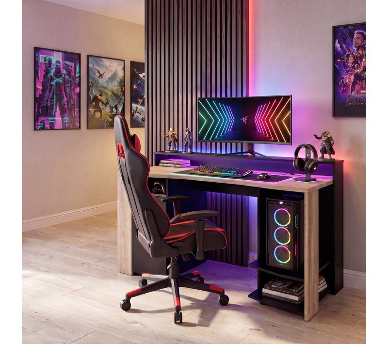 Bureau Gamer LED META imitation chêne et noir