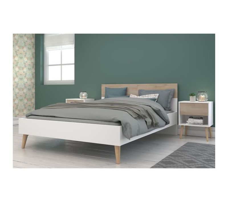 Ensemble Lit 160 X 200 Cm + 2 Chevets - Aalborg - Scandinave - Blanc / Chene -