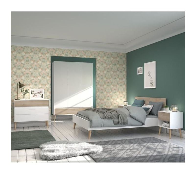 Chambre Complete - Aalborg - Scandinave - Blanc / Chene - Lit 160 X 200 Cm, 2 Chevets, Commode, Arm