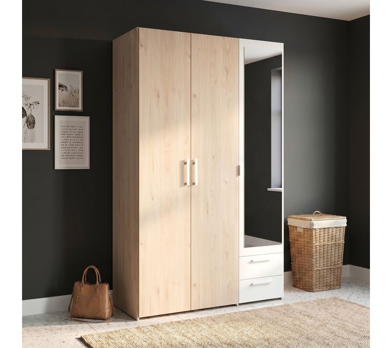 Armoire 3 portes 2 tiroirs avec miroir L.120 cm DAILY imitation chêne et blanc