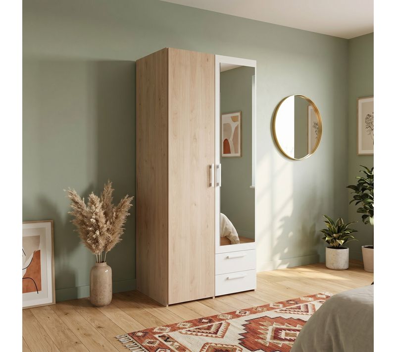 Armoire 2 portes 2 tiroirs L. 80 cm avec miroir DAILY imitation chêne et blanc