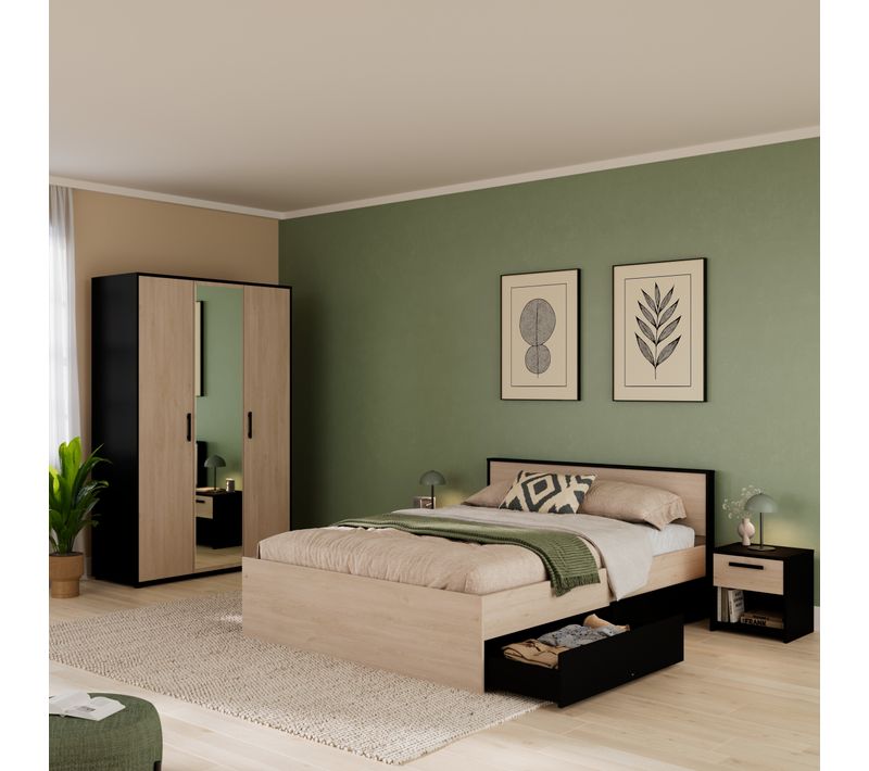 Lit 140x190 cm CELEST imitation chêne et noir