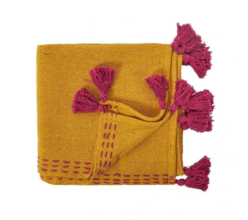 Jeté De Canapé Surpiqué Pompons Jaune 130x150 Cm