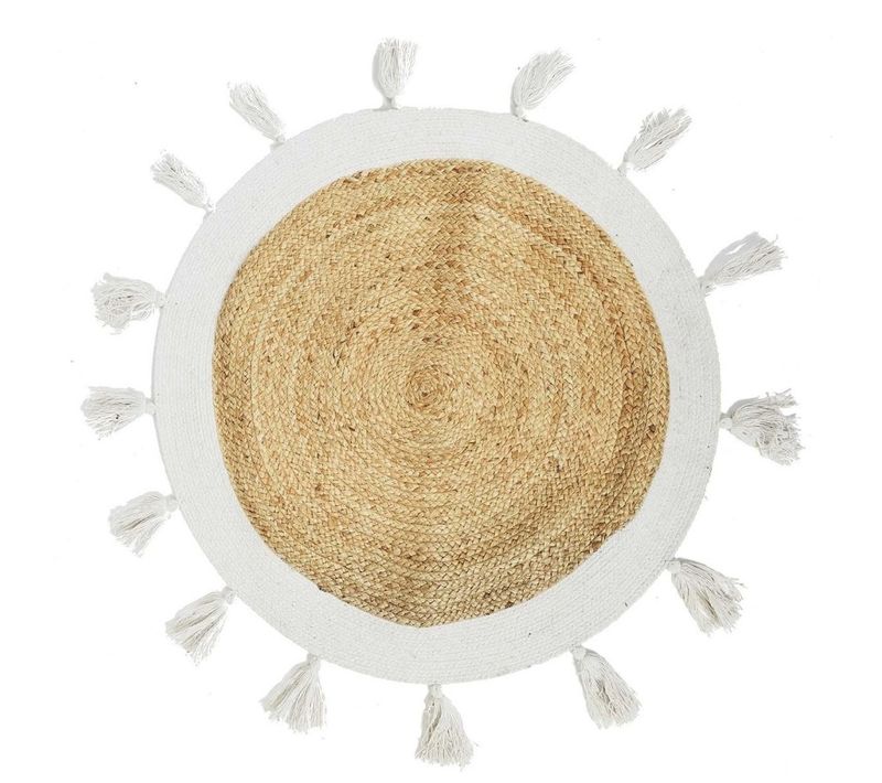 Tapis Rond Jute Pompons Blanc D80
