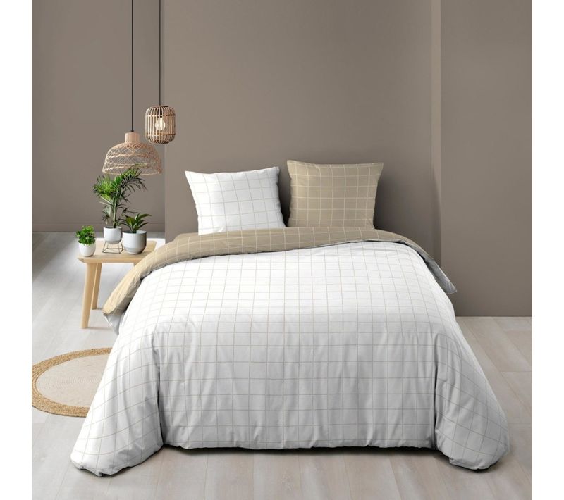 Housse De Couette 240x220 + 2 Taies Carreaux 100% Coton 57fils