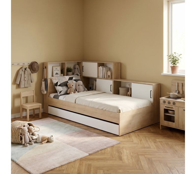 Lit 90x200 cm avec rangements ERWAN imitation chêne et blanc