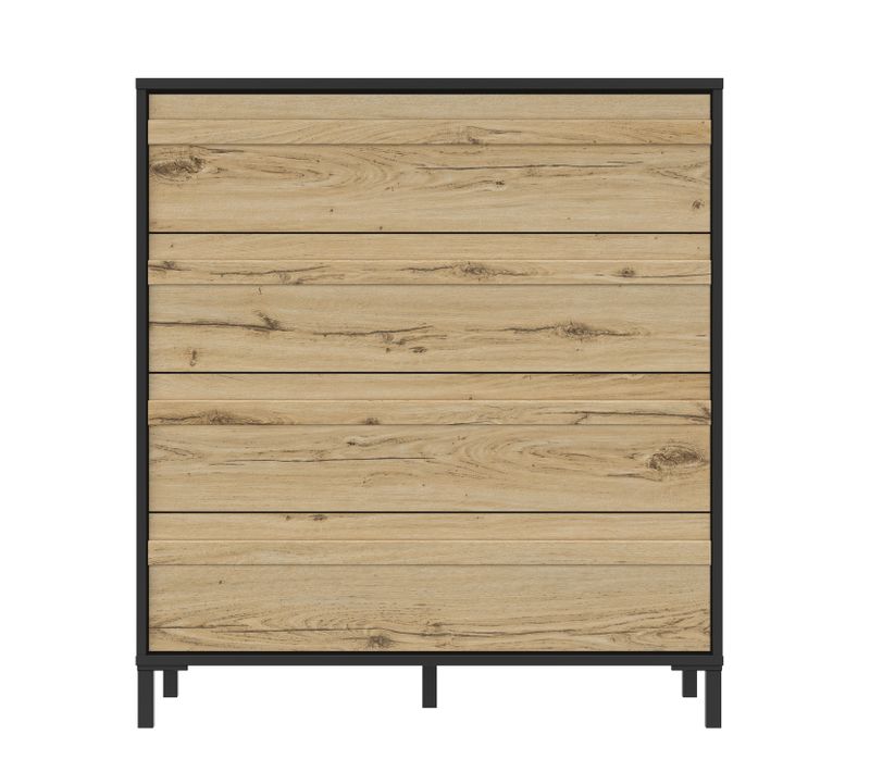 Commode 4 Tiroirs H104 Cm - Décor Chêne Et Noir