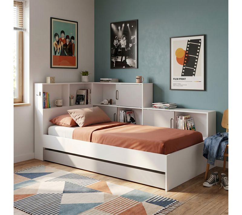 Lit 90x200 cm avec rangements ERWAN Gris et blanc