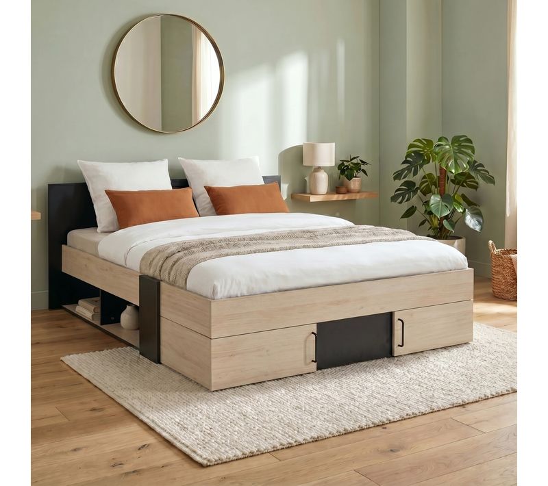 Lit avec rangements 140x190 cm tiroirs et niches SWIVEL imitation chêne et noir