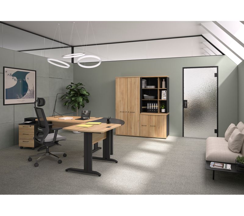 Bureau compact 90° droite JAZZ+ imitation chêne et anthracite