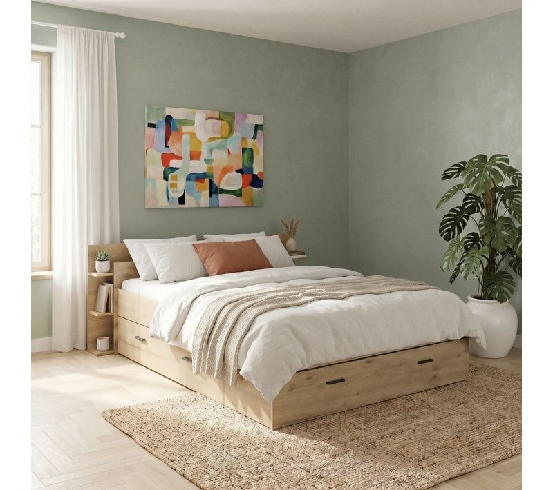 Lit 140x190 cm avec rangements - grands tiroirs TONIGHT imitation chêne artisan