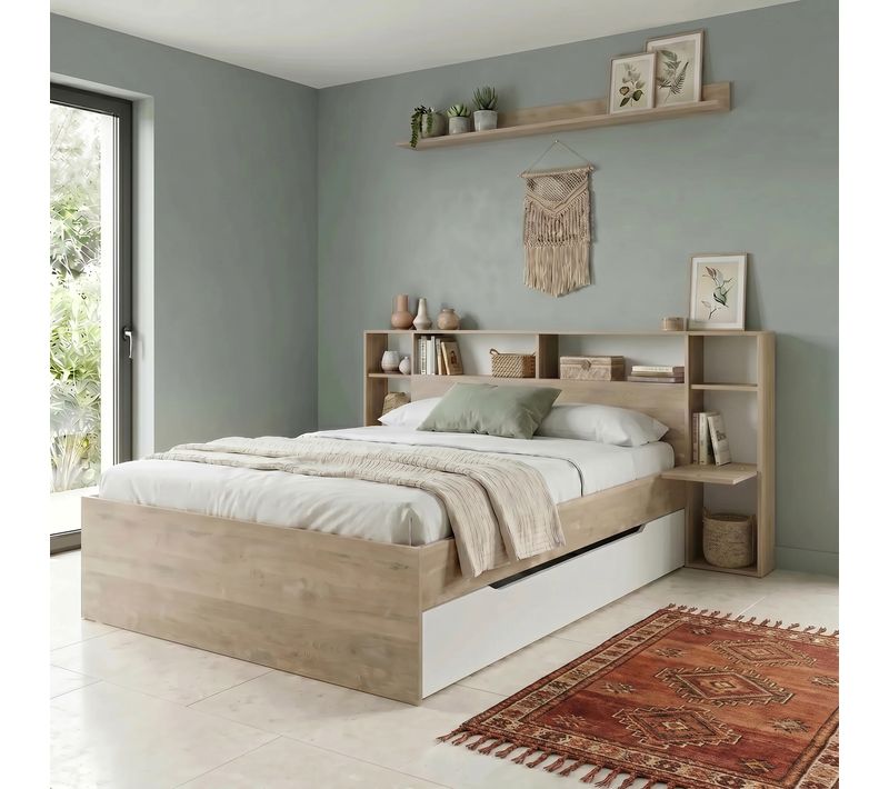 Lit 140x190 cm avec rangements VALENTIN imitation chêne et blanc