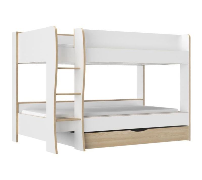 Lits Superposés - Tiroir - Roomy - Blanc / Chene Naturel 90x200 cm