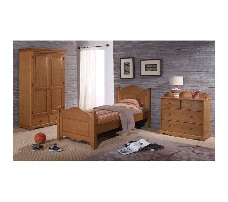 Chambre Enfant Pin Miel Lit 90 + Armoire + Commode