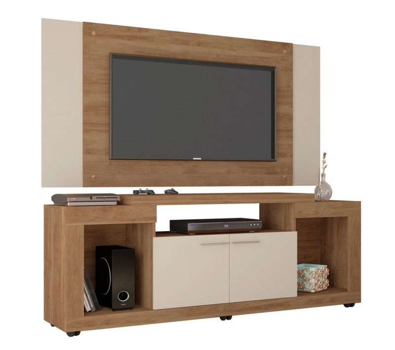 Meuble TV Mural 55 Pouces Chêne Et Ecru 7 Niches L 173 H 160.5 P 38.5 Cm