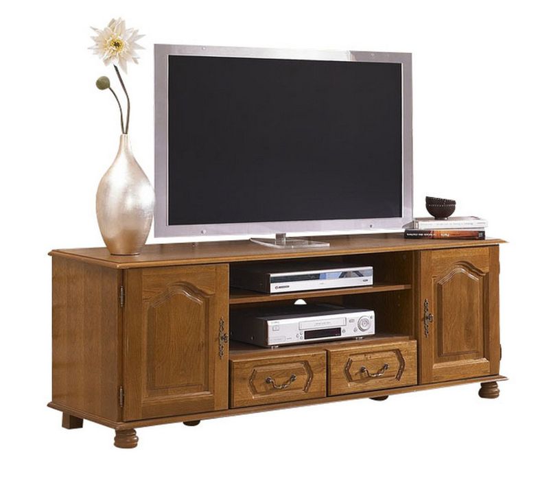 Meuble TV 70 Pouces Chêne 2 Portes 2 Tiroirs 6 Niches L 158.8 H 60.3 P 46 Cm
