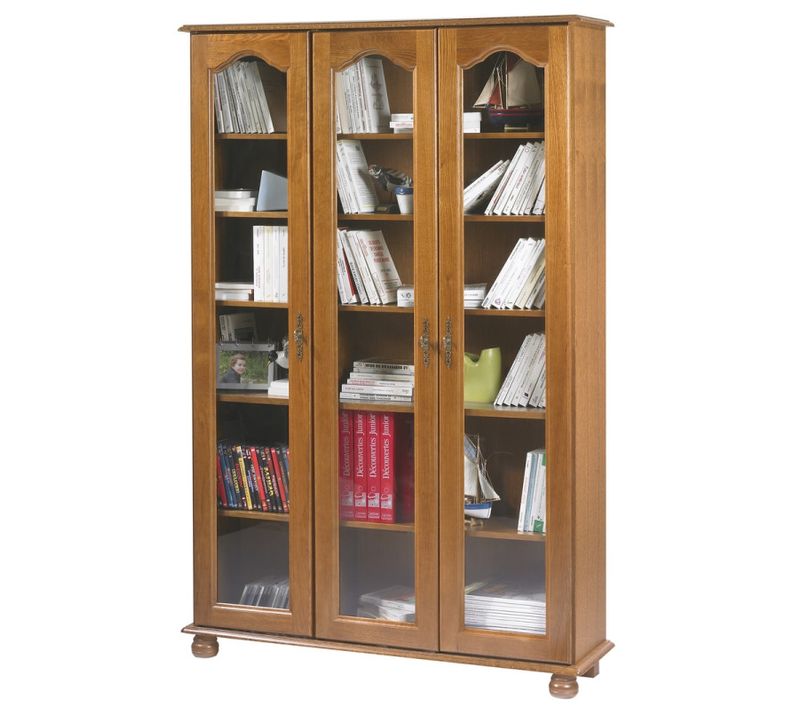 Bibliothèque Chêne 3 Portes Vitrées 12 Niches L 120.6 H 182.2 P 33 Cm