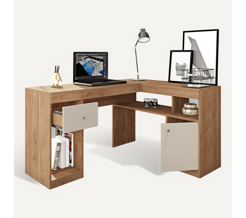 Bureau D'angle Imitation Chêne Avec Caisson Et Rangements