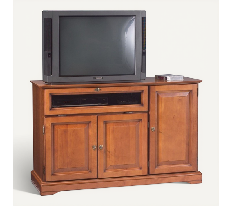 Meuble TV 55 Pouces Merisier 3 Portes 1 Abattant Vitré