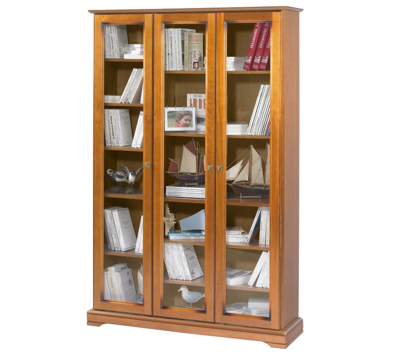Bibliothèque Vitrine 3 Portes Vitrées Merisier 12 Niches L 120.6 H 182.2 P 33 Cm