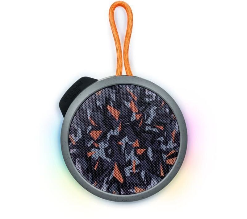 Bigben Party - Enceinte Bluetooth Ronde Avec Dragonne Et Effets Lumineux - 15w - Gris Et Orange Camo