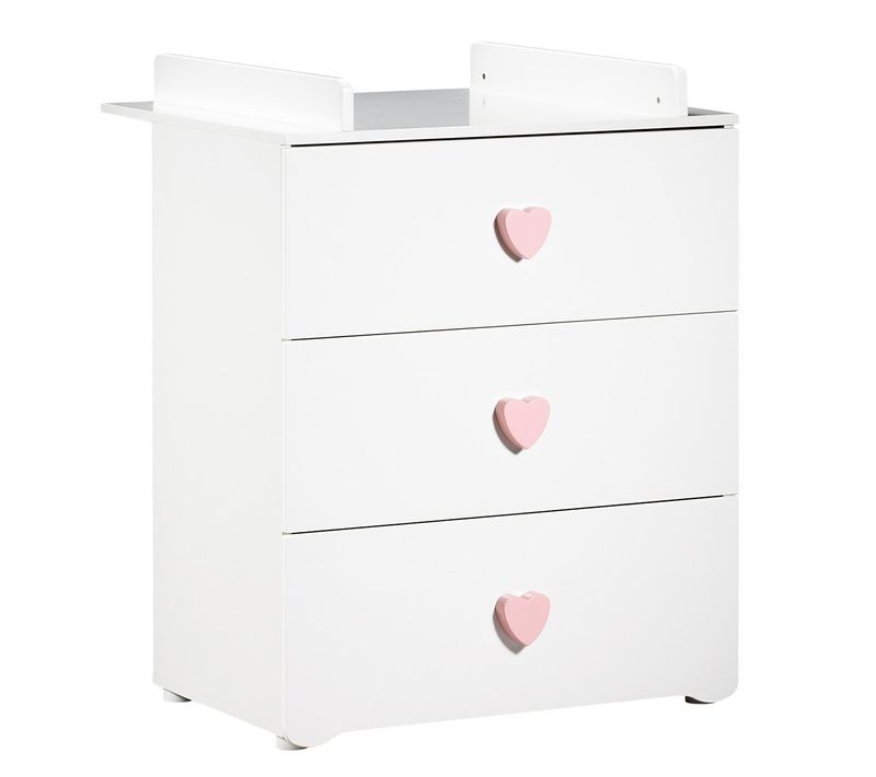 Commode A Langer New Basic 3 Tiroirs - Boutons Coeur Rose