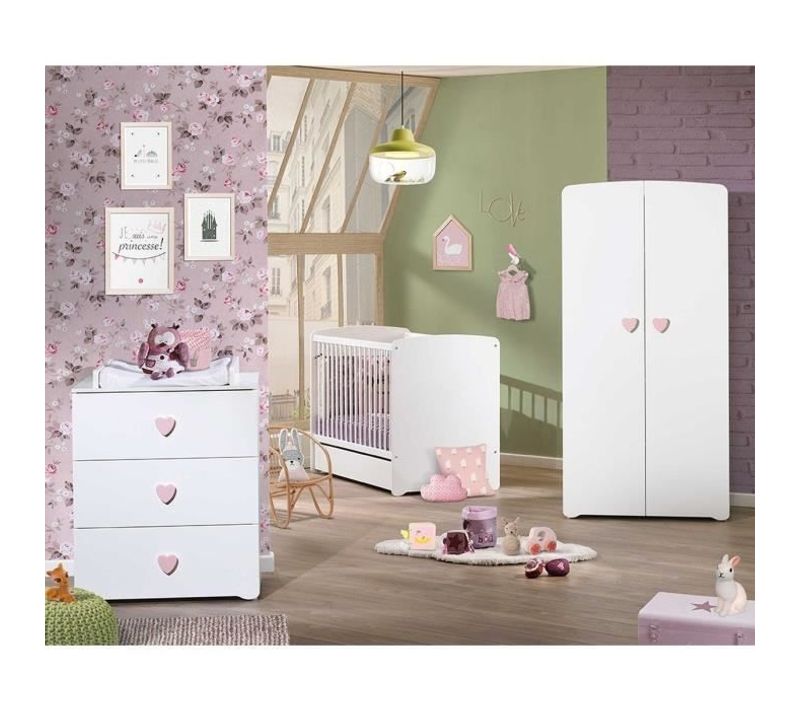Chambre Bébé Trio Basic Coeur: Lit 120x60, Commode à Langer Et Armoire - Babyprice - Blanc