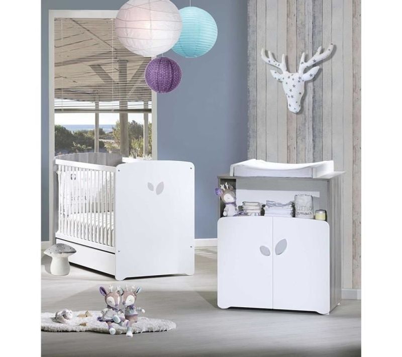Chambre Bébé Duo Leaf: Lit 120x60, Commode à Langer - Babyprice - Blanc