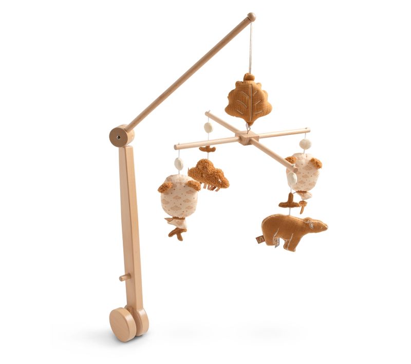Mobile Musical En Bois Avec Jouets Ours En Gaze De Coton