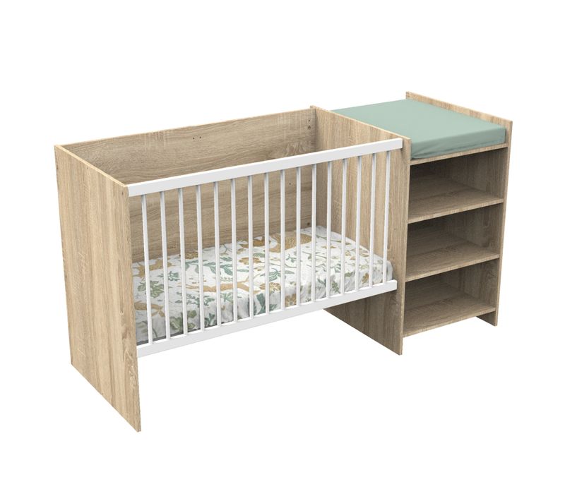 Lit Bébé Combiné 120x60 Évolutif En 90x190 En Décor Bois Avec Commode à Langer Étagère