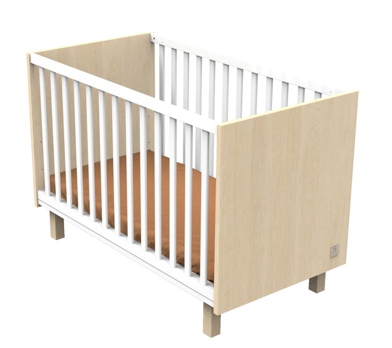 Lit Bébé 120x60 Avec Pieds Décor Chêne Velours Et Balustres Blancs