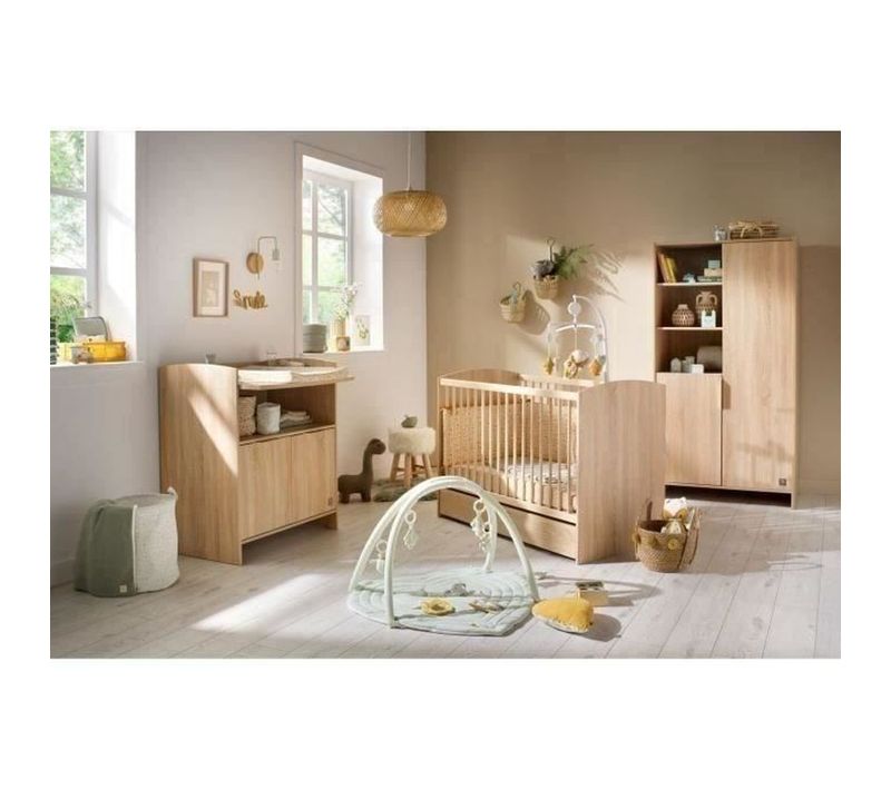 Chambre Bébé Trio Azur - Lit 120x60 + Commode à Langer 3 Tiroirs + Armoire 2 Portes Chene Doré -