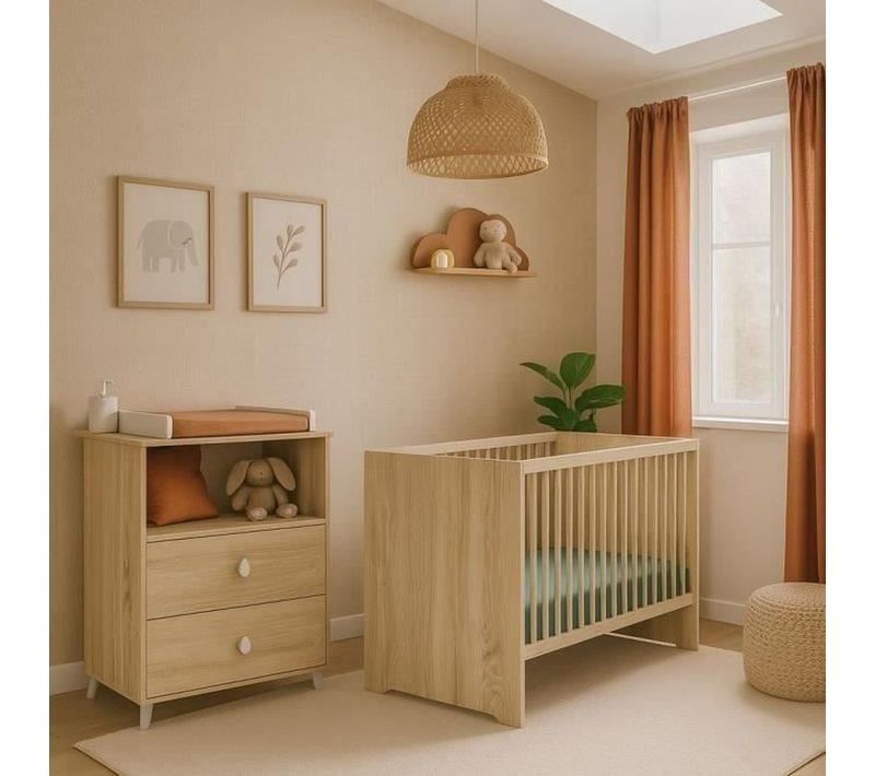 Chambre Bébé Duo Montana - Lit 120x60 + Commode à Langer 2 Tiroirs Décor Chene Doré -