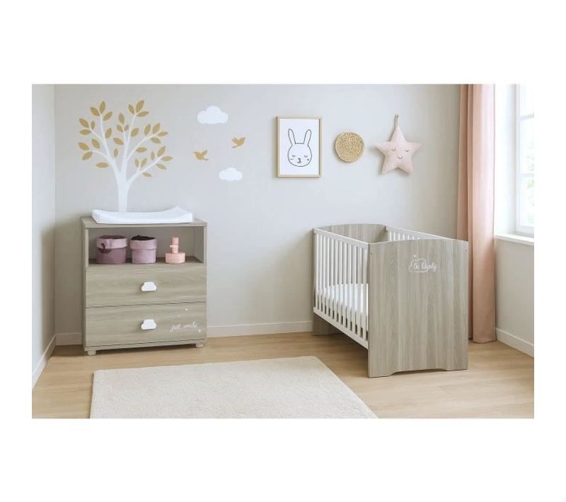 Chambre Bébé Complete - Lit 120x60 Et Commode à Langer - Smile - Chene Silex