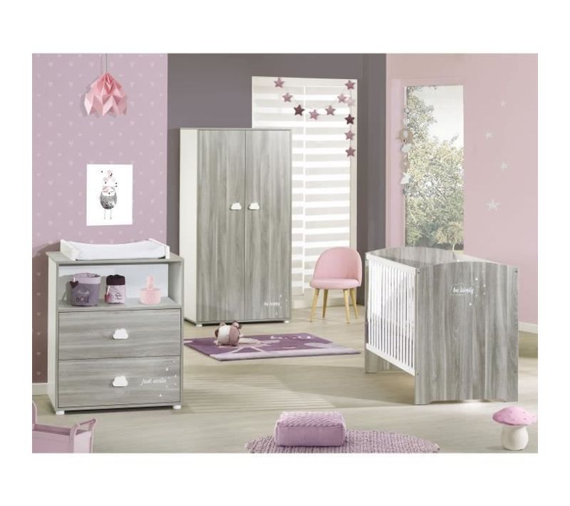 Chambre Bébé Complete - Lit 120x60, Commode à Langer Et Armoire - Smile - Chene Silex