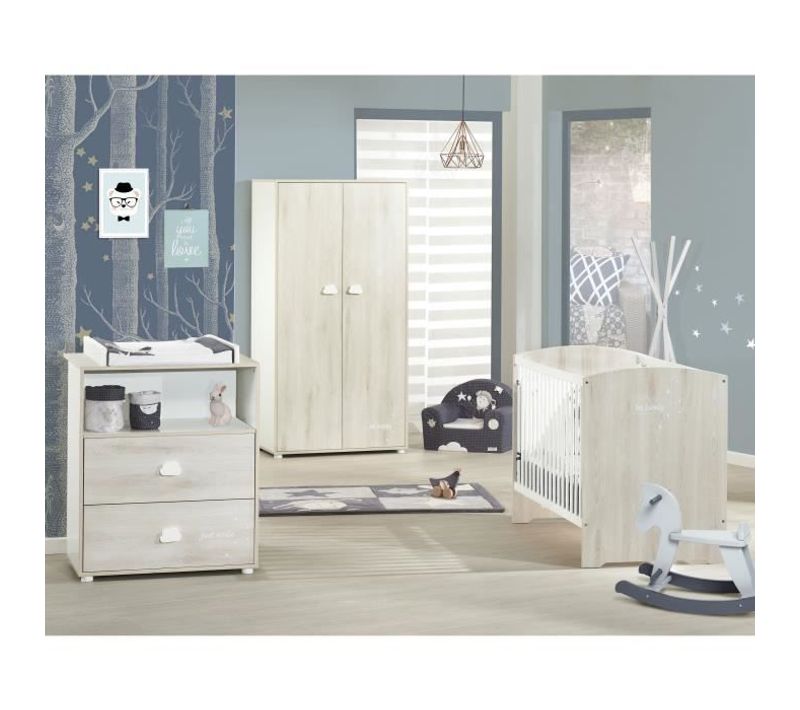 Chambre Bébé Complete - Lit 120x60, Commode à Langer Et Armoire - Smile - Hetre Cendré