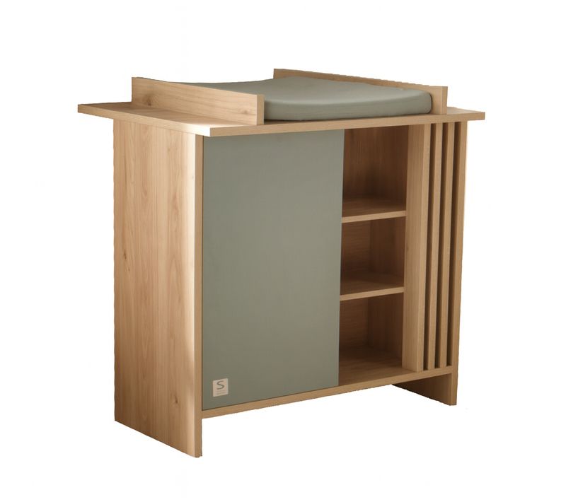 Commode à Langer 1 Porte Colorée Et 3 Niches Avec Claustra En Bois Décor Chêne Suave