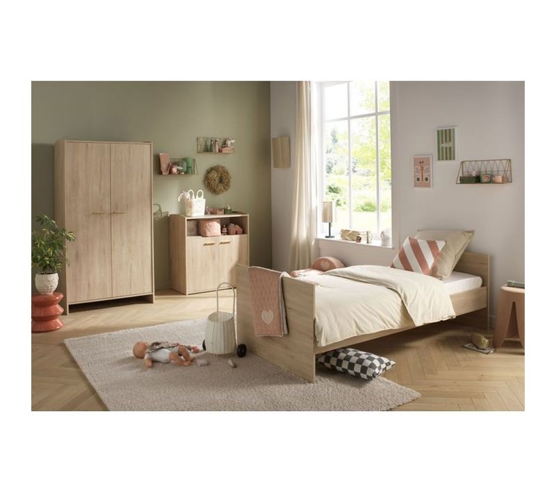 Ensemble Chambre Adèle 3 Pièces – Lit Évolutif 120x60, Commode et Armoire Hêtre/crème