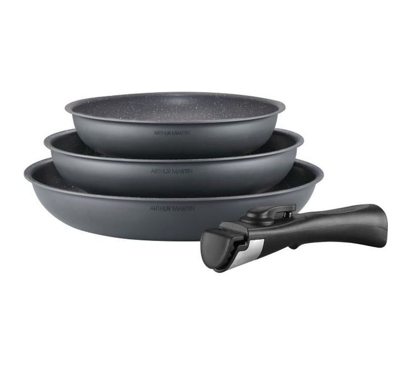 Batterie De Cuisine  Am521gm Set De 3 Poeles - Gris Mat 20-24-28 Cm + 1 Poignée Amovible - Tous Feu