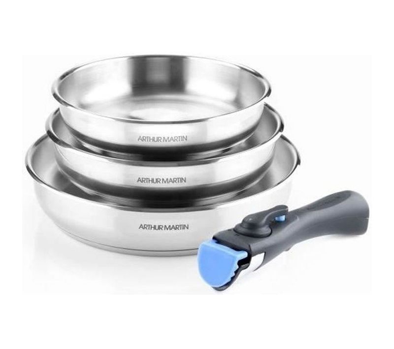 Set De 3 Poêles Inox 20/24/26 Cm Avec Poignée Amovible - Tous Feux
