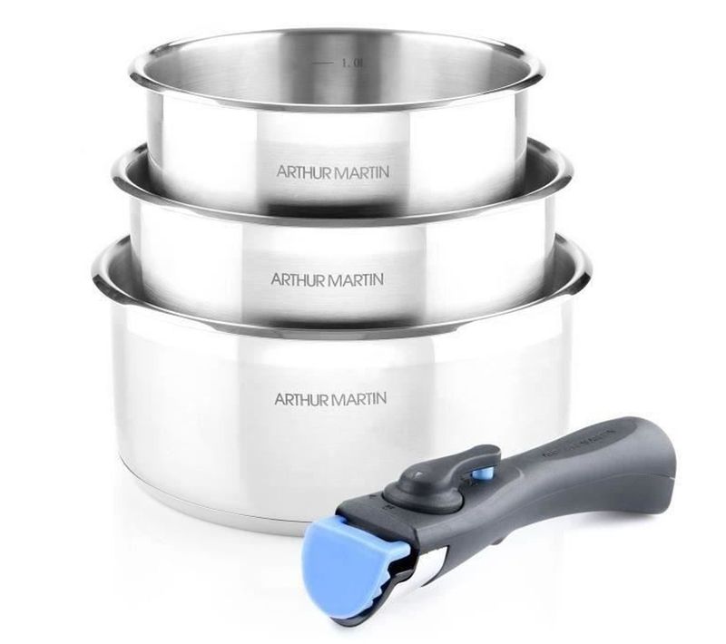 Set 3 Casseroles Inox 16/18/20 Cm Avec Poignée Amovible — Induction, Empilable