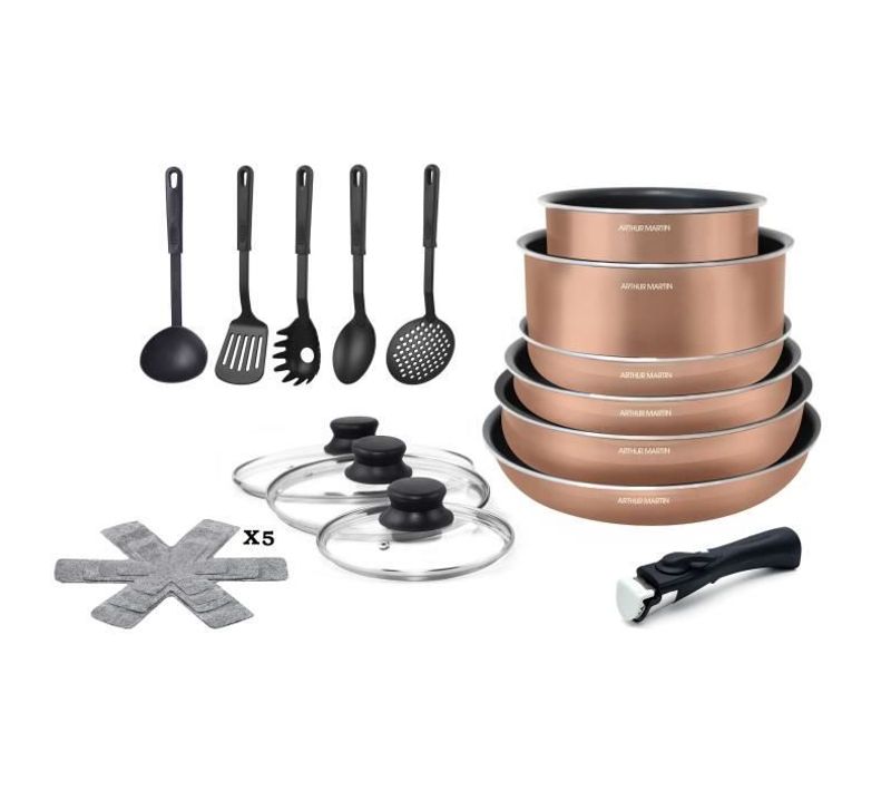 Batterie De Cuisine 20 Pieces - Aluminium - Poignée Amovible - Tous Feux Dont Induction
