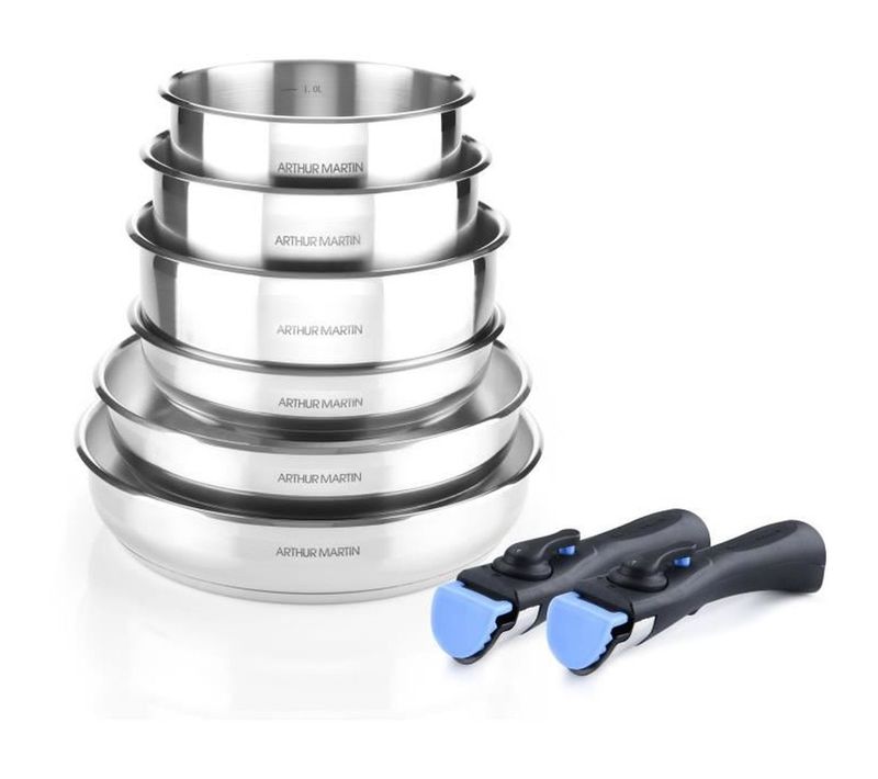 Batterie De Cuisine Induction - Am5538 - Acier Inoxydable - 8 Pieces - Poignée Amovible - Tous Feux
