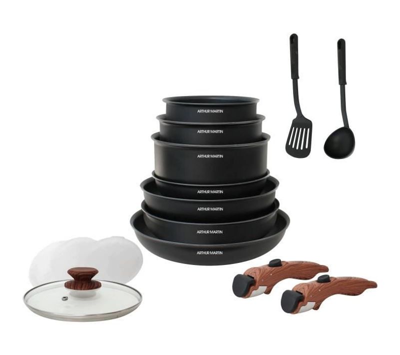 Batterie De Cuisine 15 Pieces  Poignee Amovible Effet Bois  Tous Feux Dont Induction Am1502