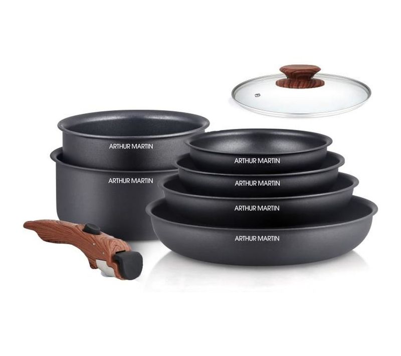 Batterie De Cuisine 8 Pièces Aluminium — Poignée Amovible Effet Bois, Induction