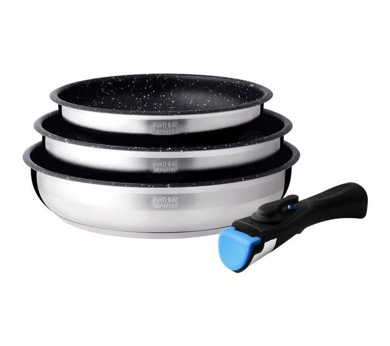 Set De 3 Poêles Am2196 - 20-24-26cm - Acier Inoxydable - Poignée Amovible - Tous Feux Dont Induction