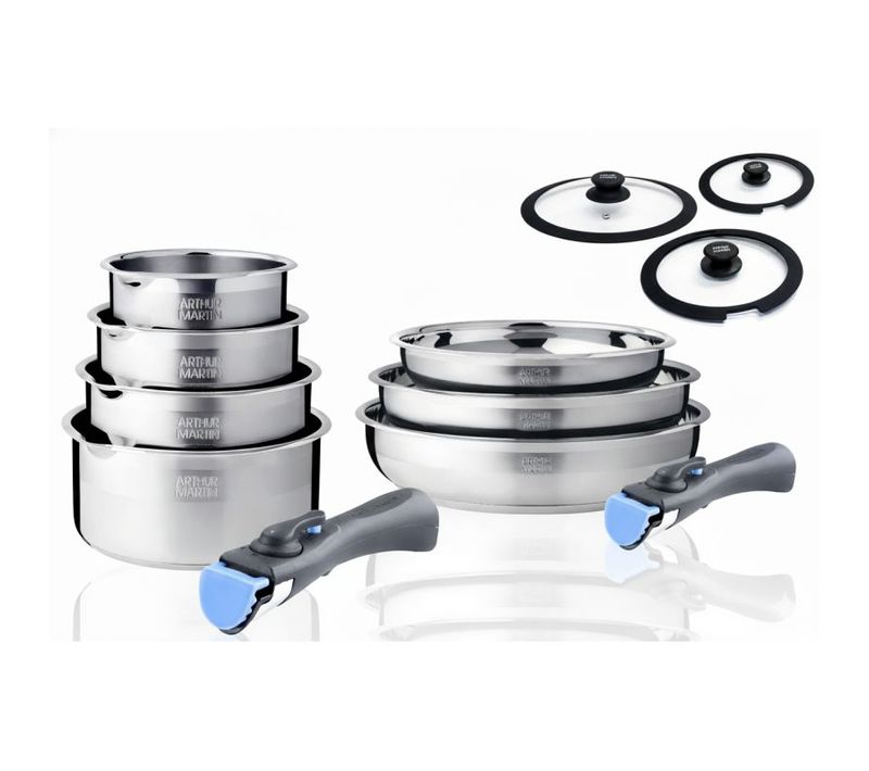 Batterie De Cuisine Inox 12 Pièces Avec 2 Manches Amovibles Et 3 Couvercles En Silicone  Am2717