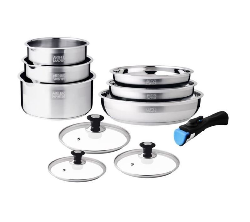 Batterie De Cuisine - Induction - Am0006 - Acier Inoxydable 18/10 - 10 Pieces - Poignée Amovible