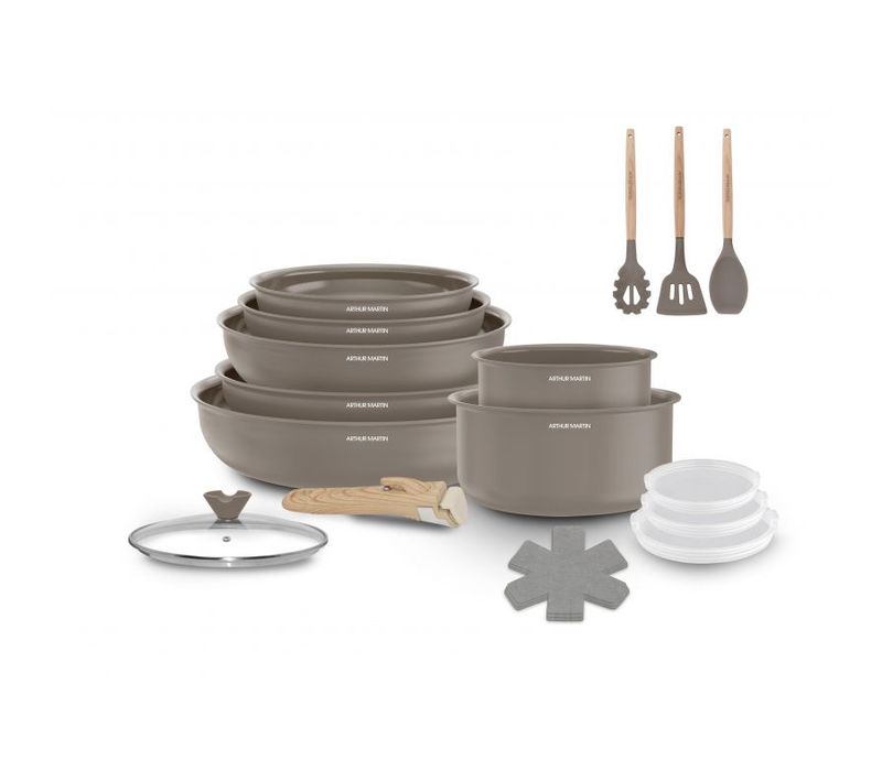 Batterie De Cuisine 18 Pèces Poignée Amovible Taupe Am7887